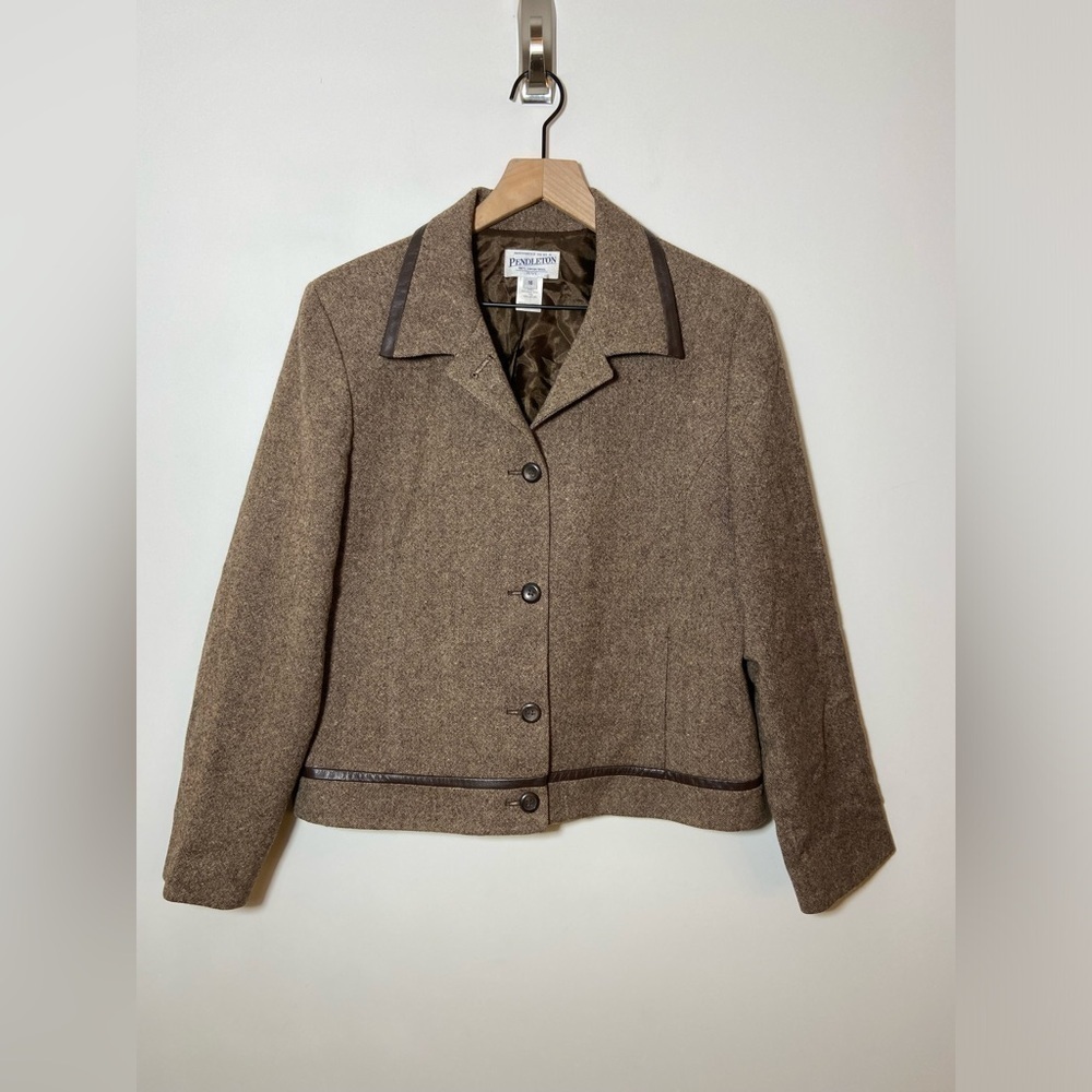 Pendleton women’s wool jacket blazer leather trim brown size 16